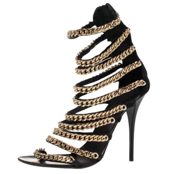 Guiseppe Zanotti Black Suede Gold Chain Gladiator Sandals Size 40 Open Toe Heels - Picture 1 of 13